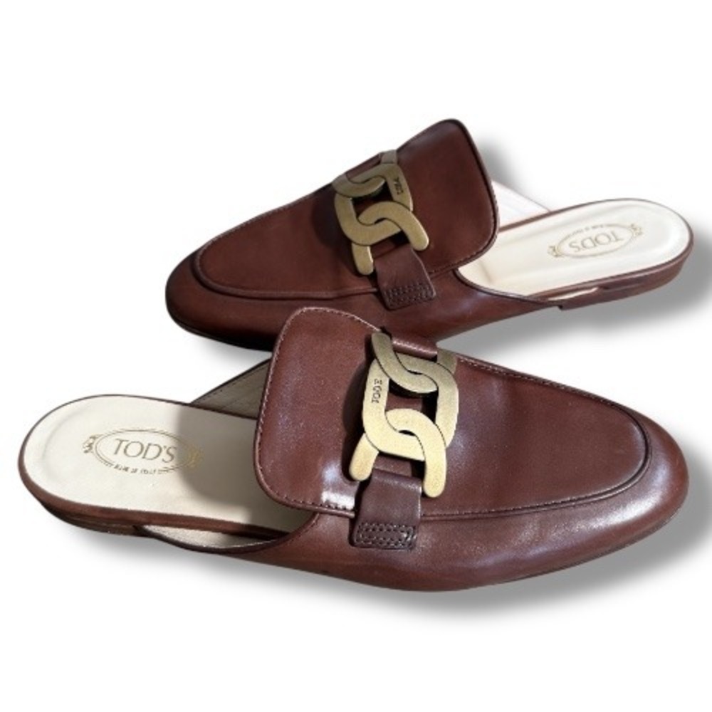 Tod's Brown Leather Mules with Gold Accent